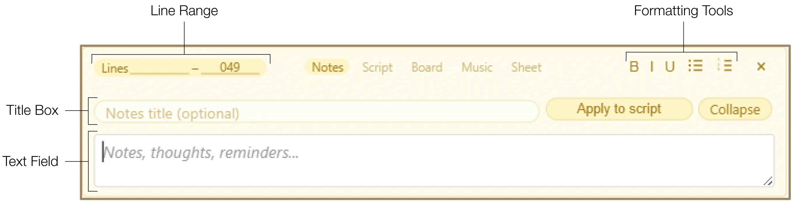 Notes injection overview showing the text field with Bold, Italic, Underline toolbar and formatting options